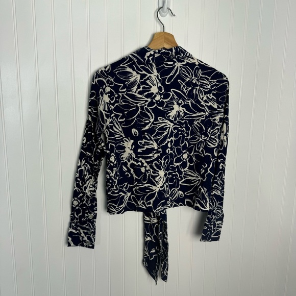 Panama Jack Top Small Women Navy Blue White Floral Long Sleeve Linen Breathable - Picture 8 of 9